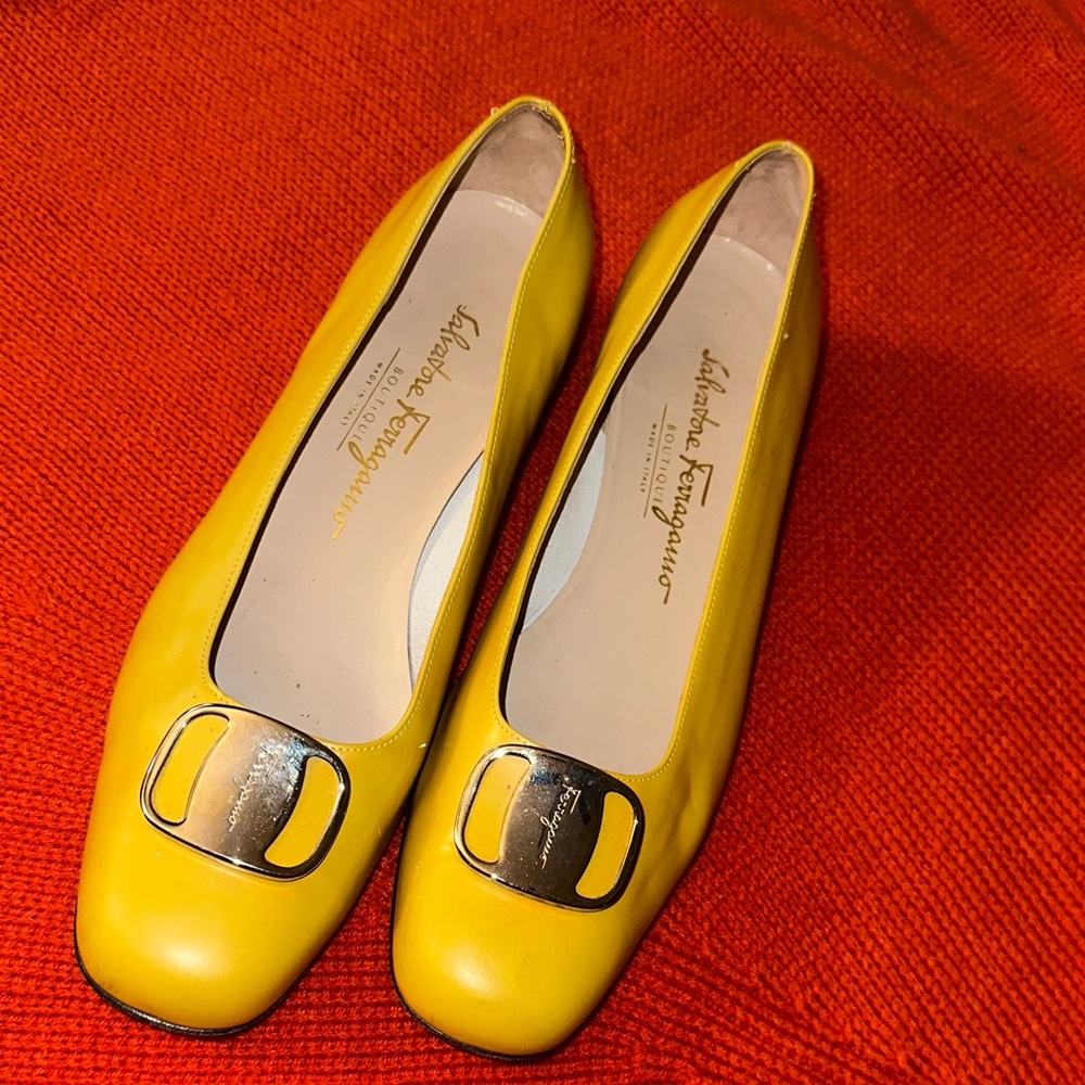 Salvatore Ferragamo Yellow Flats with Gold Buckle